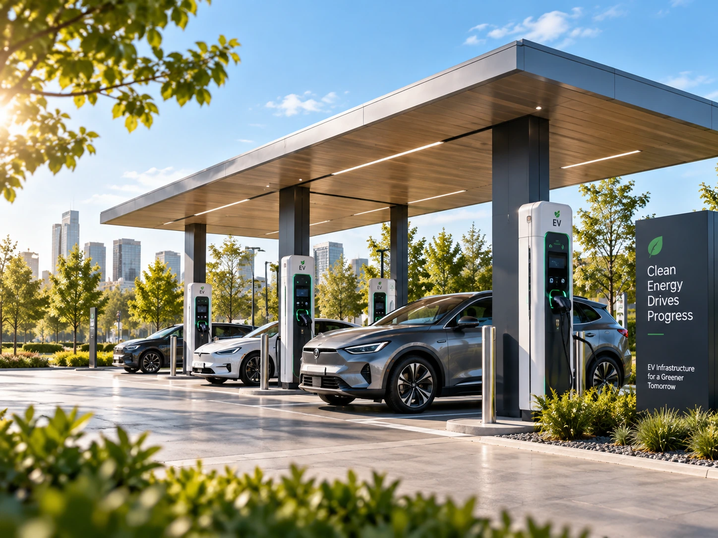 Illustration eines modernen Ladeknotenpunkts für Elektroautos in einer geschäftlichen Umgebung.